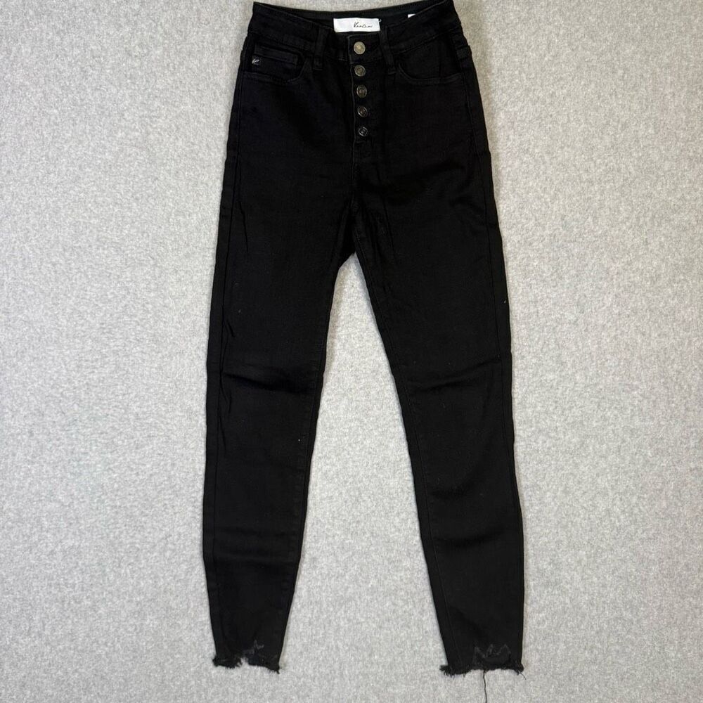 Kancan Women Size 1/24 Black Button Fly High Waisted Skinny Jeans Distressed Hem